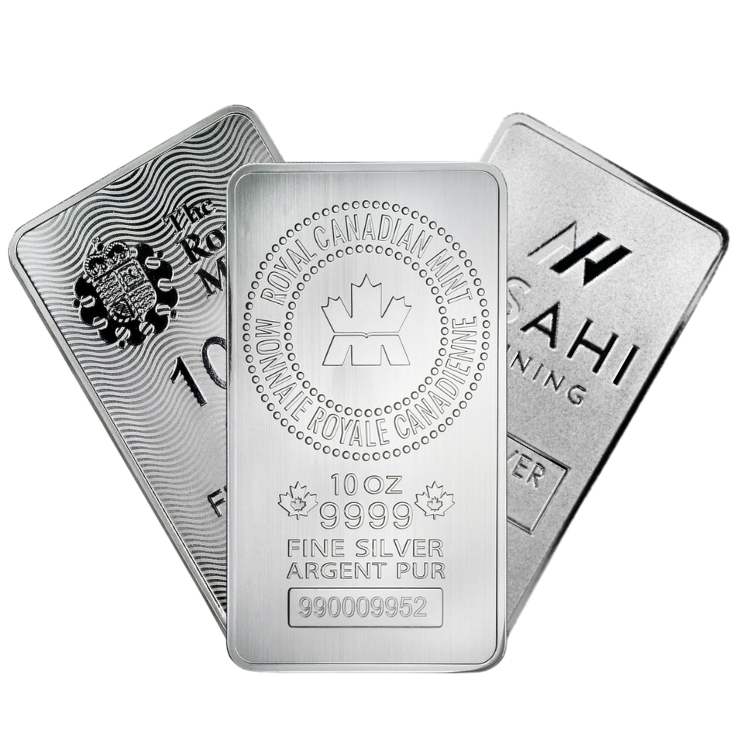 A stack of 3 Silver Bars on display for purchase