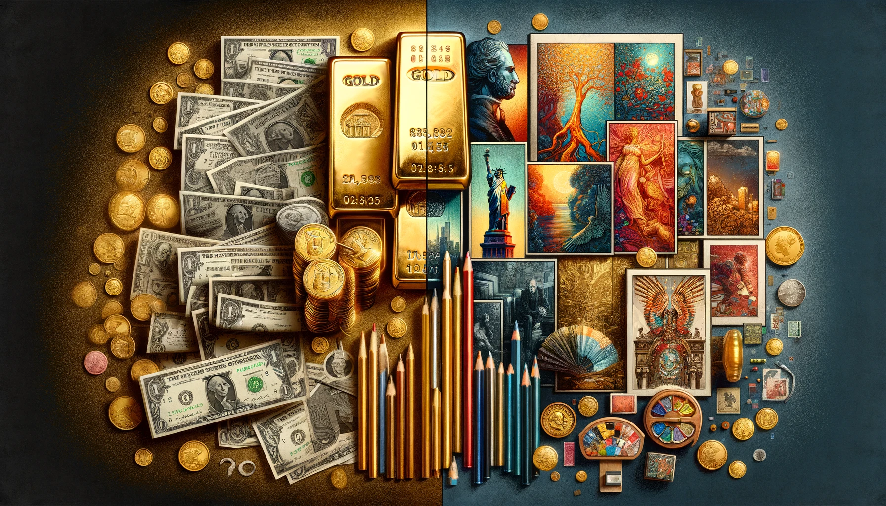 An image depicting a split view of gold bars on one side, symbolizing stability and resilience, and a collection of art, comics, and stamps on the other, representing cultural value and rarity, to illustrate the investment choices between gold and collectibles.