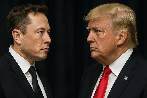 Donald Trump and Elon Musk stare intensely at each other in a dramatic face-off, symbolizing a potential political alliance or conflict shaping U.S. fiscal policy and gold-backed reform.