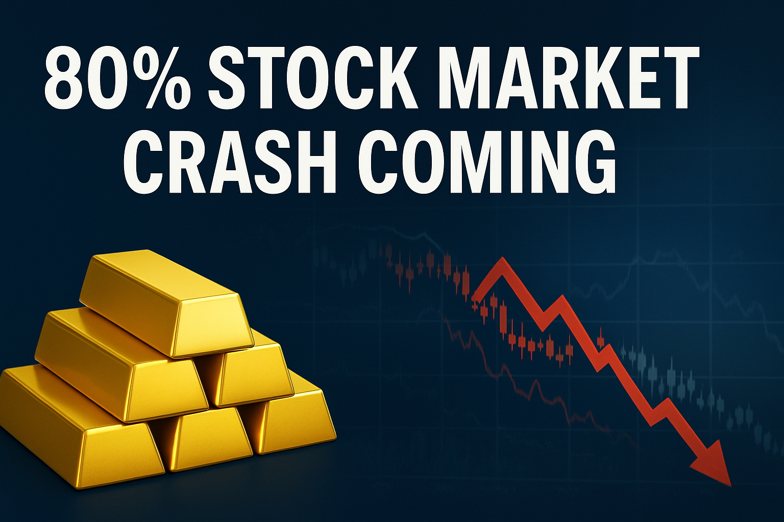 Centered headline graphic reading “80% Stock Market Crash Coming” with gold bars on the left and a red falling stock chart on the right, in a horizontal 16:9 layout.