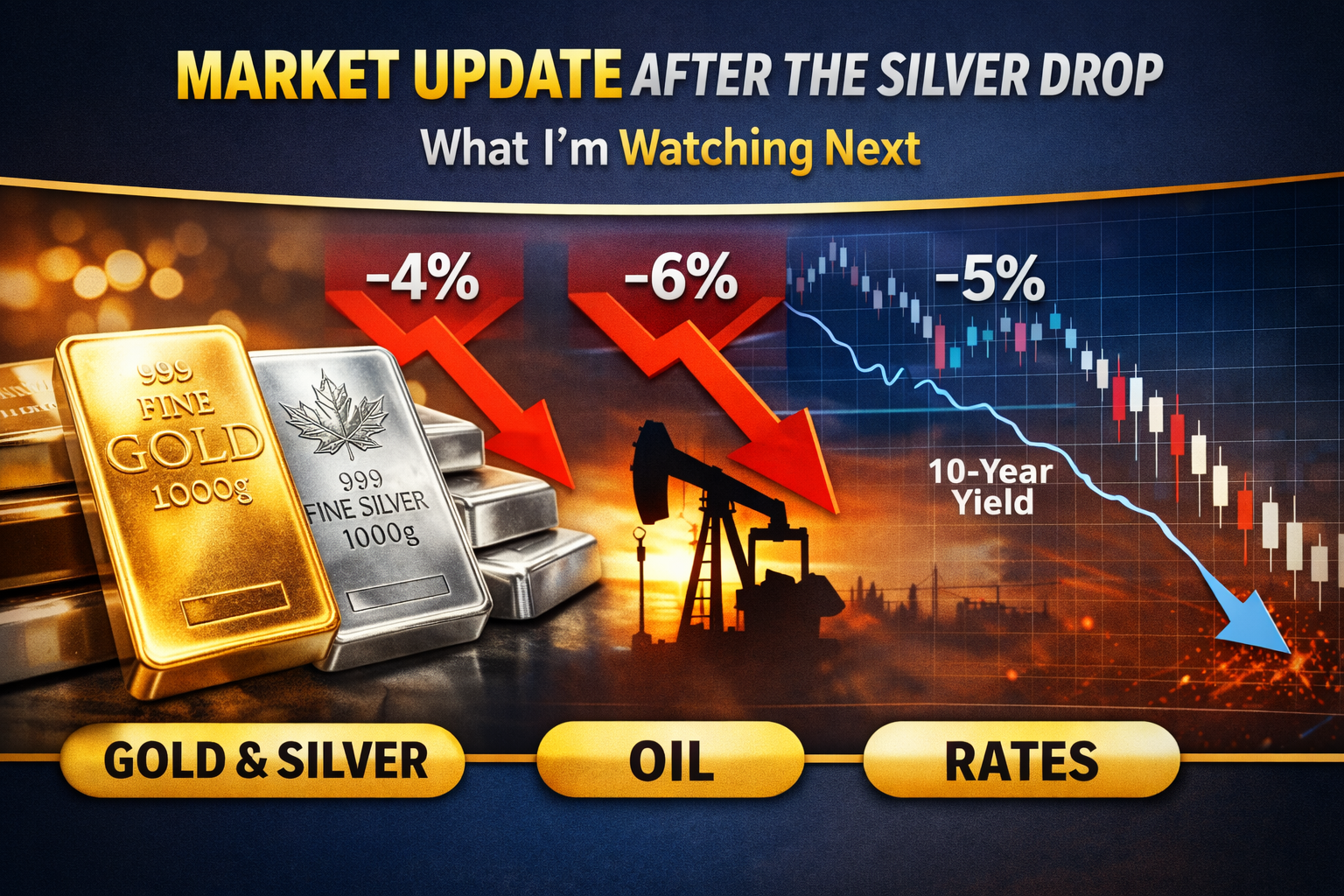 Infographic showing gold and silver bars with price drops of 4 percent and 6 percent, an oil pumpjack with a 5 percent decline, and a falling 10-year yield chart, summarizing the market conditions after the recent silver selloff.