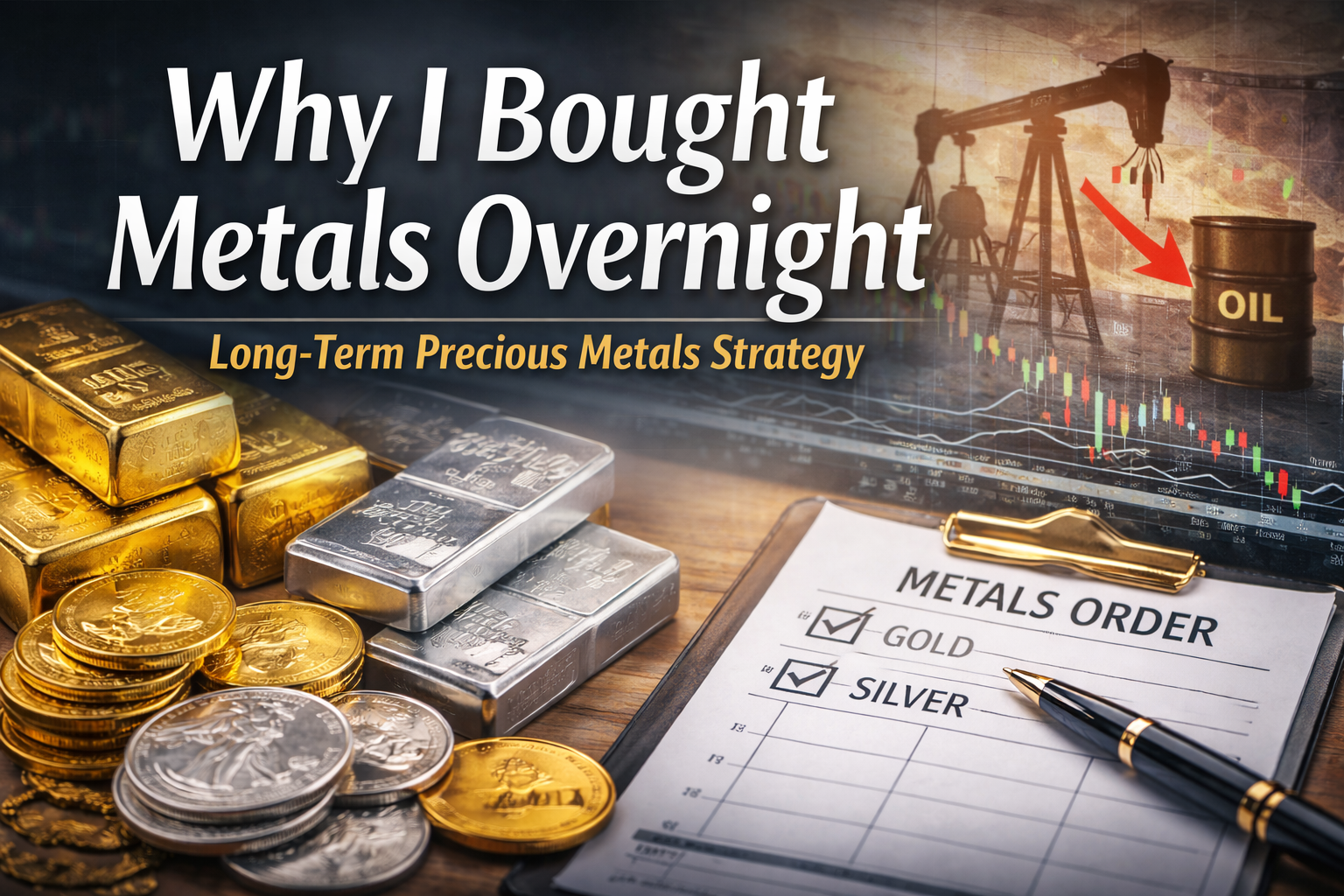 Gold and silver bars with coins beside a metals order form and a falling oil chart in the background, illustrating the author’s decision to buy metals overnight based on long-term precious metals strategy.