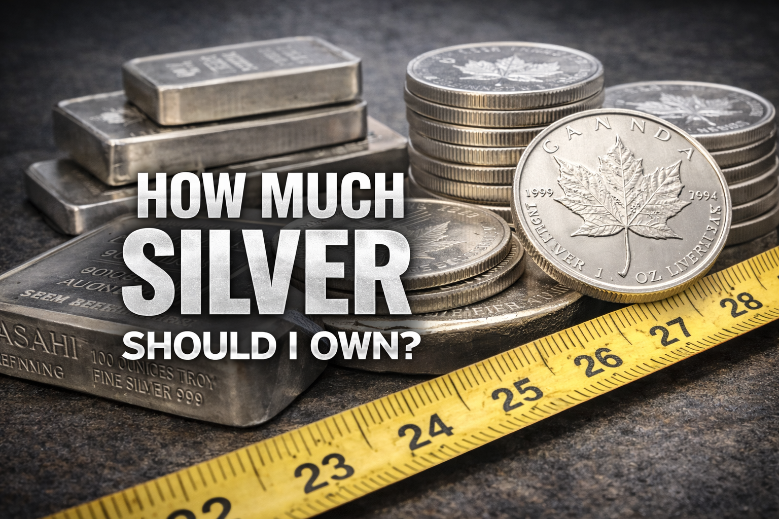 16:9 image featuring stacked silver bars and Canadian Silver Maple Leaf coins with a measuring tape across the foreground and bold text reading “How Much Silver Should I Own?” indicating portfolio allocation and accumulation strategy.