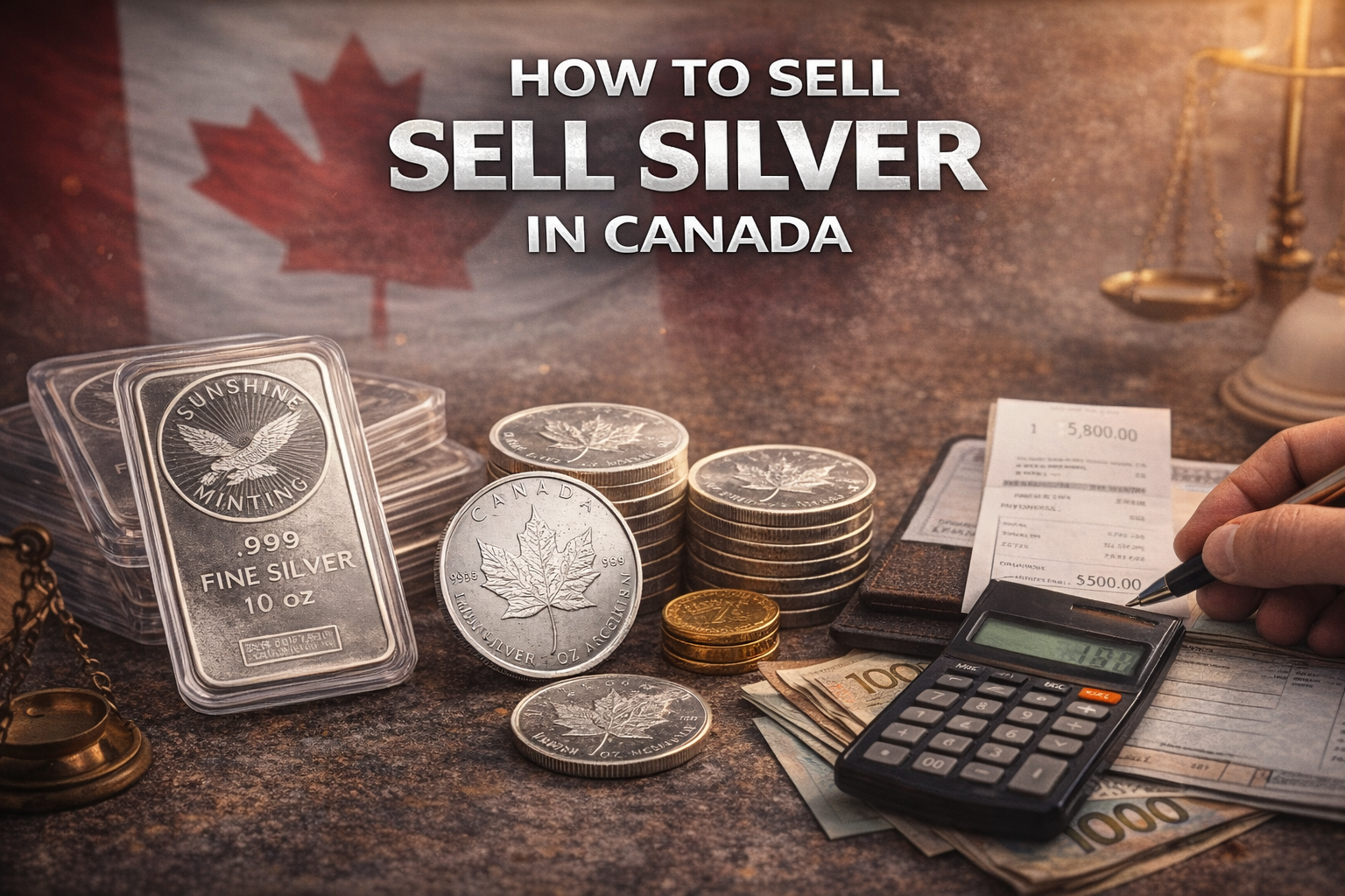 16:9 image showing Canadian Silver Maple Leaf coins and a 10 oz silver bar on a desk with a calculator, cash, and paperwork, with a blurred Canadian flag in the background representing the process of selling silver bullion in Canada.