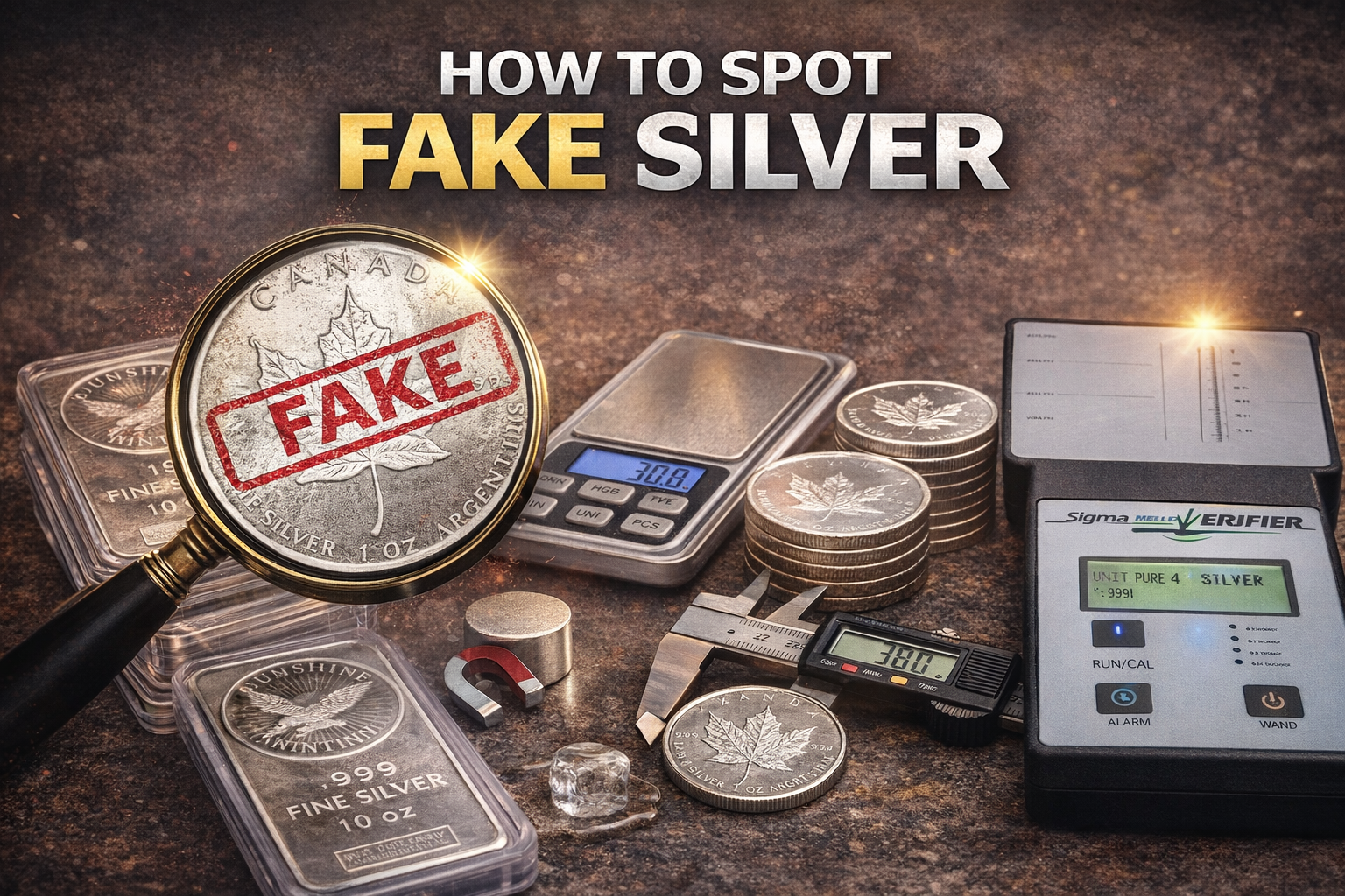 16:9 educational graphic showing a silver coin being inspected with a magnifying glass beside a digital scale, calipers, and a magnet, illustrating common methods used to identify counterfeit silver coins and bars.