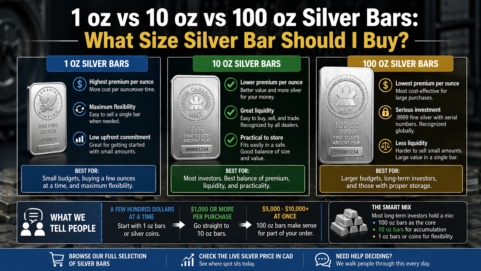 Infographic comparing 1 oz, 10 oz, and 100 oz silver bars with pros, cons, pricing advantages, and best use cases for different investor budgets and strategies